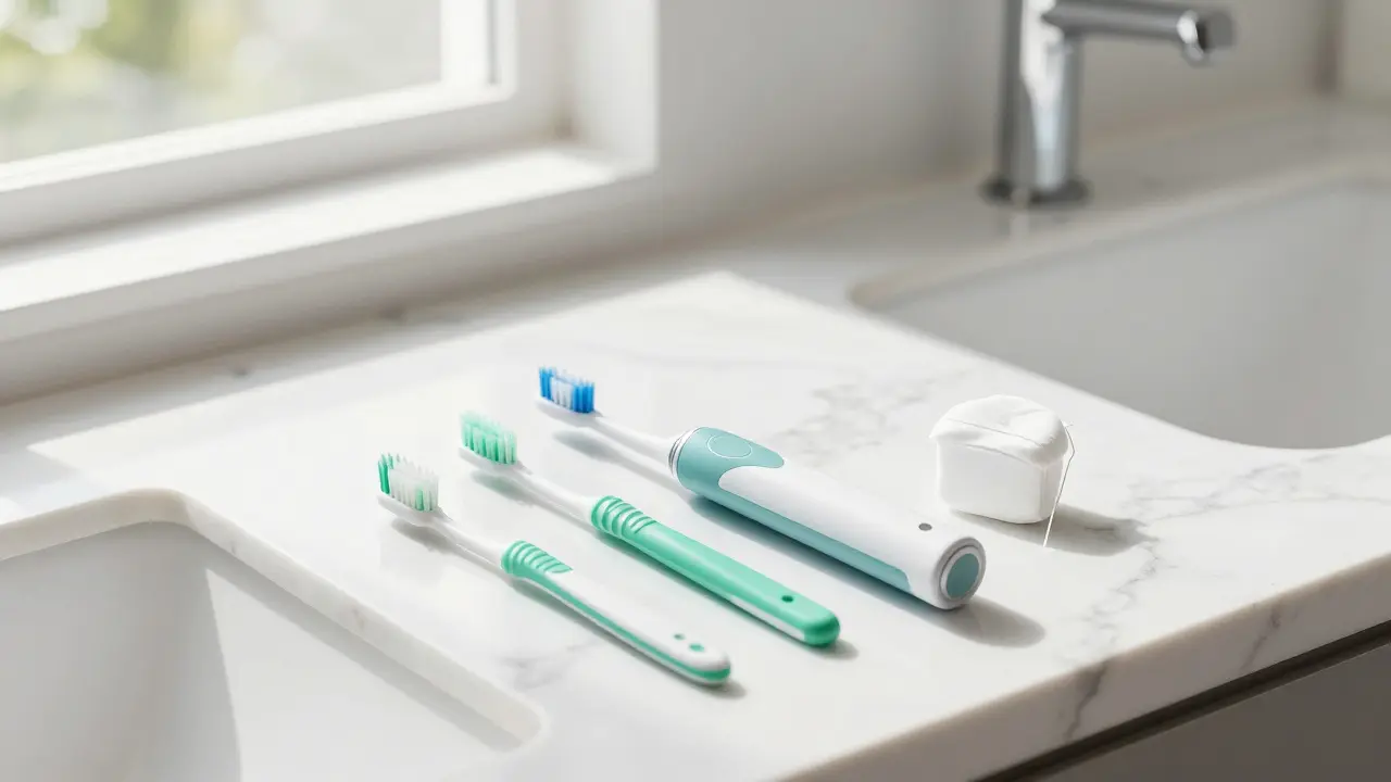 Sada pro prevenci zubního kamene: elektrický kartáček, mezizubní kartáčky a nit.