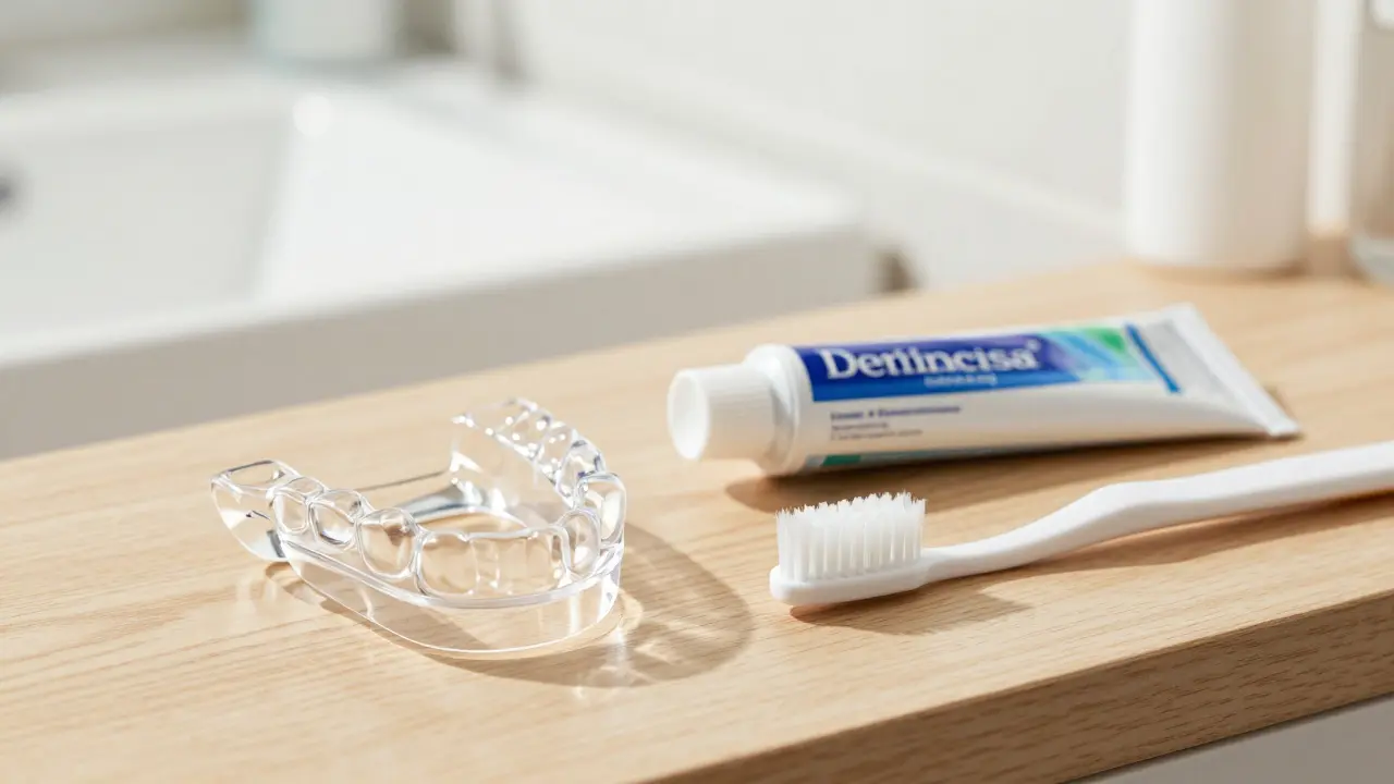 Sada pro prevenci zubů včetně noční dlahy, fluoridové pasty a kartáčku.