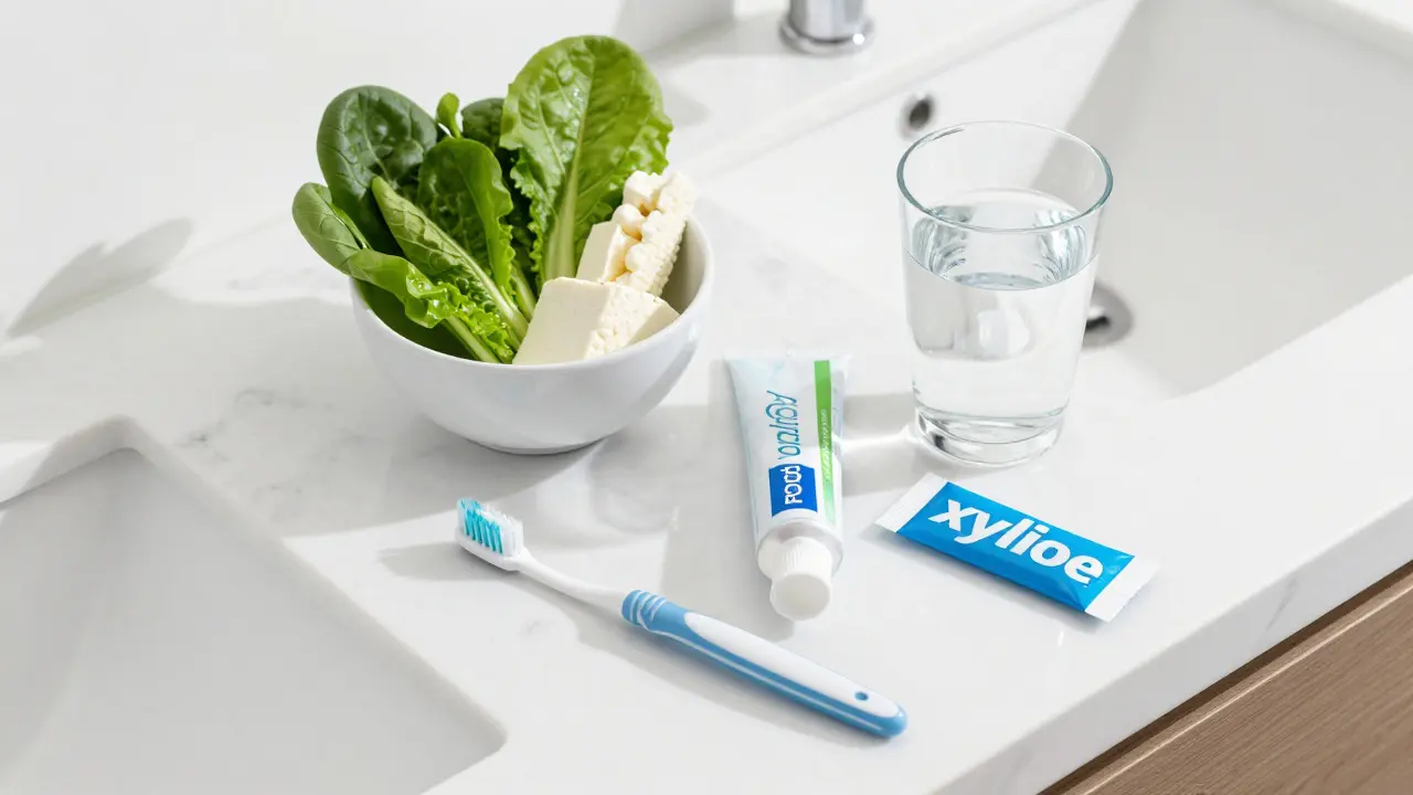 Sada pro zdravé zuby: kartáček, fluoridová pasta, voda a zdravé potraviny.