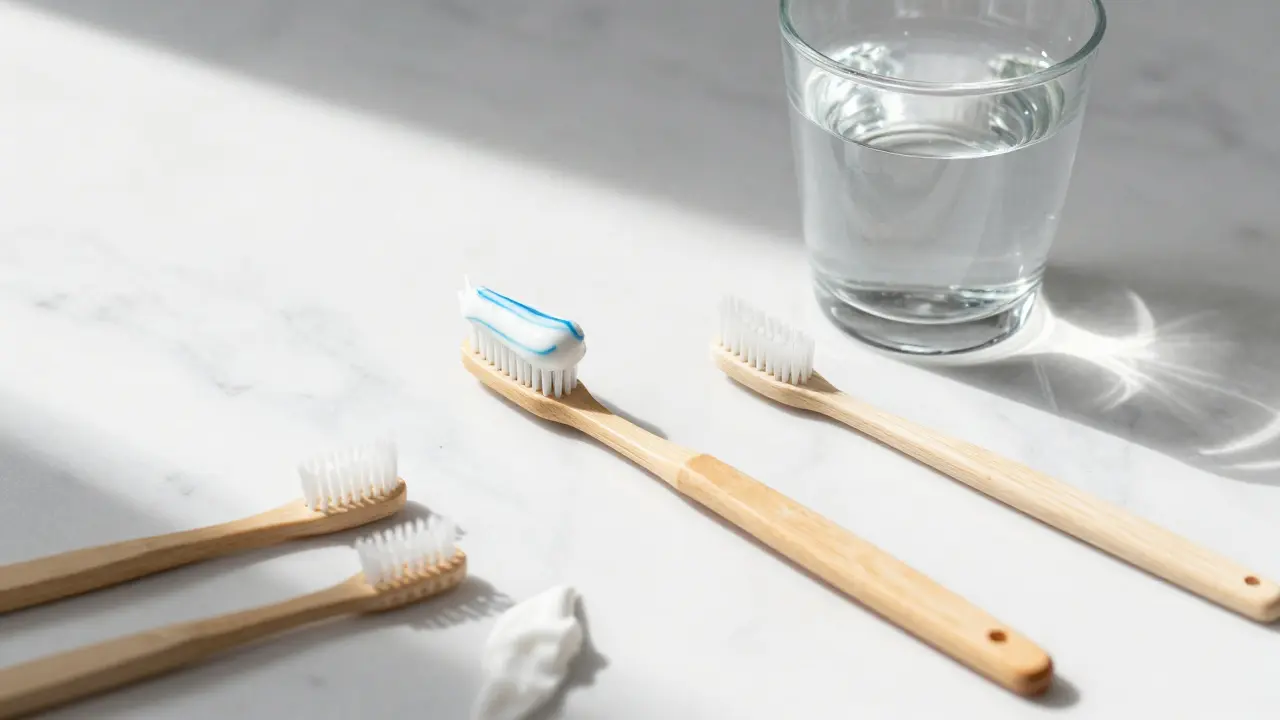 Sada pro zubní hygienu včetně kartáčků a fluoridové pasty na mramoru.