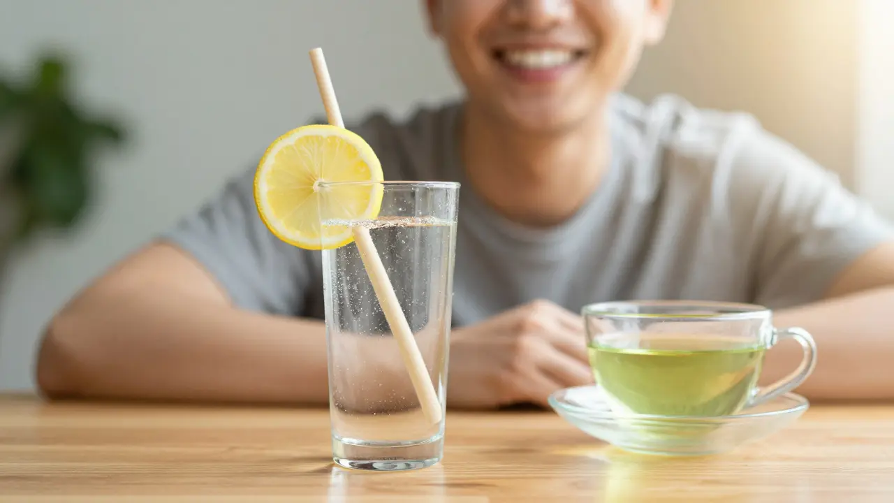 Sklenice vody a zelený čaj vedle úsměvu s bílými zuby.