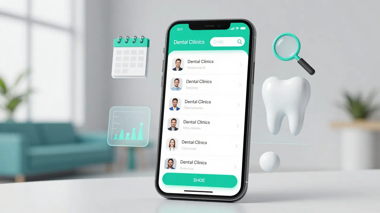 Smartphone s aplikací pro vyhledávání a rezervaci termínu u zubaře.