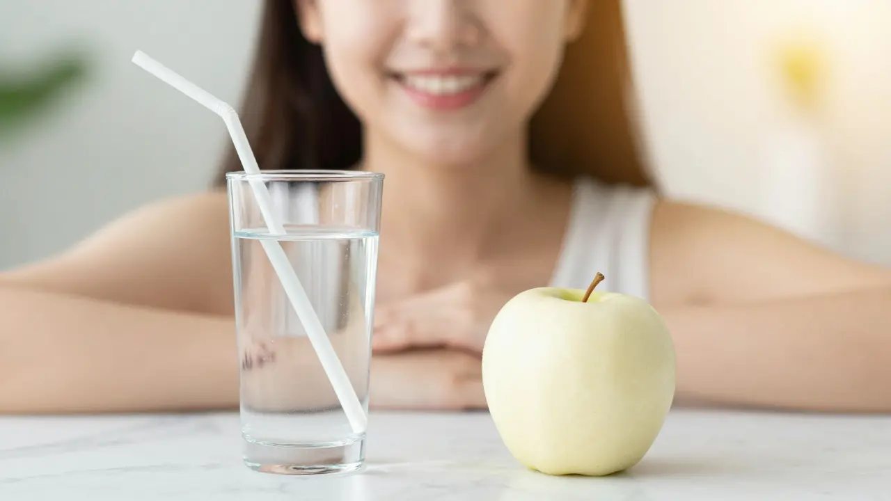 Svijtý úsměv a zdravé potraviny symbolizující udržení bělení zubů.