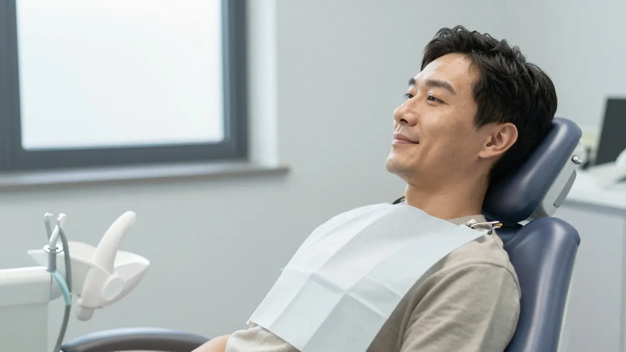 Uklidněný pacient v ordinaci po léčbě zánětu dásní.