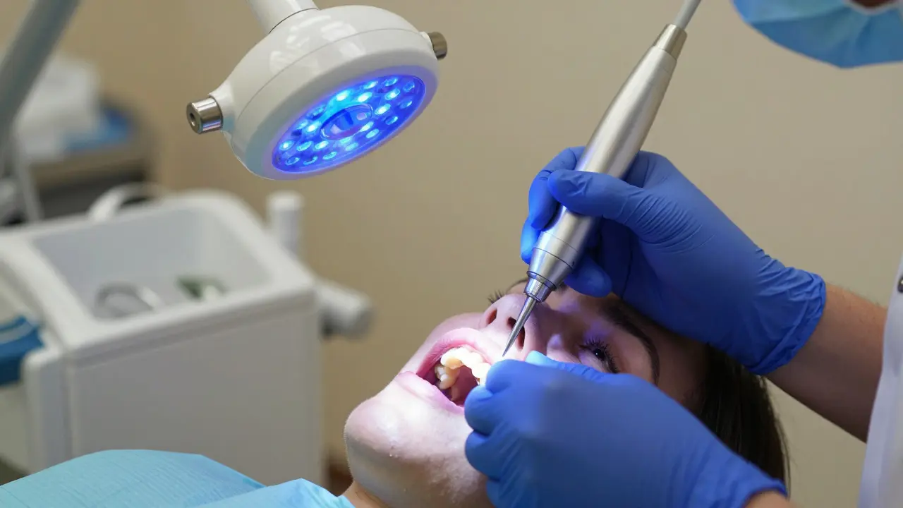 Zubař používají modré polymerizační světlo k ztvrdnutí nové plombového výplně.