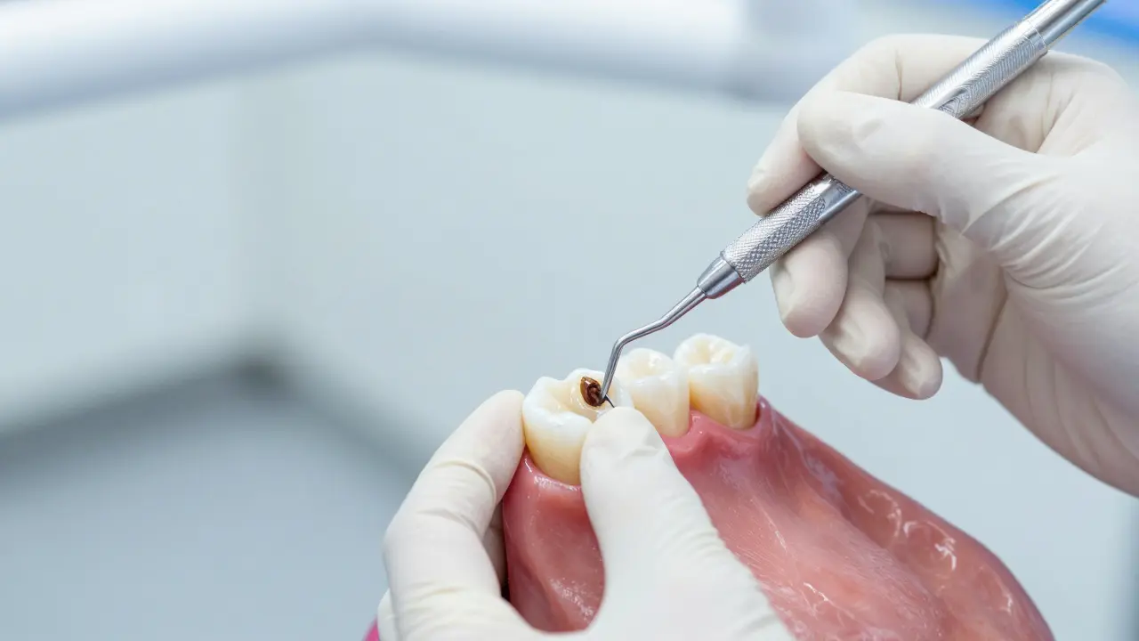 Zubní hygienistka používá kuretu k profesionálnímu odstranění kamene z kořene zubu.