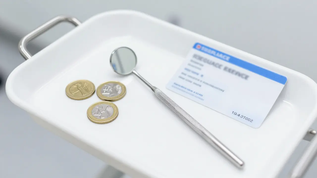 Zubní nástroje, mince a průkaz zdravotního pojištění na sterilním podnosu