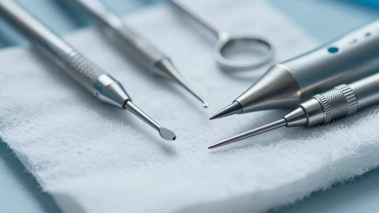 Zubní nástroje pro kyretáž na sterilním podložce.