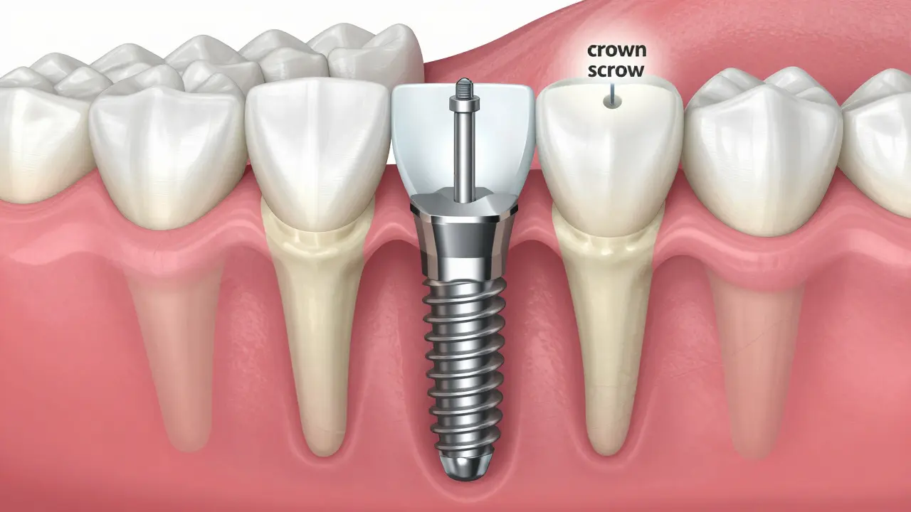 3D anatomický průřez ukazující části zubního implantátu a korunový šroubek.