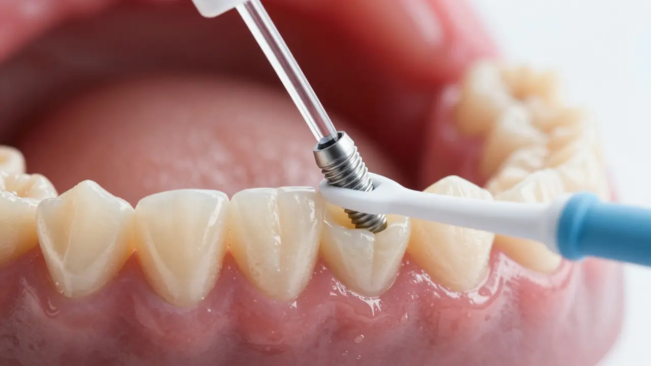 Čištění mezery mezi implantátem a dásní pomocí interdentálního kartáčku.