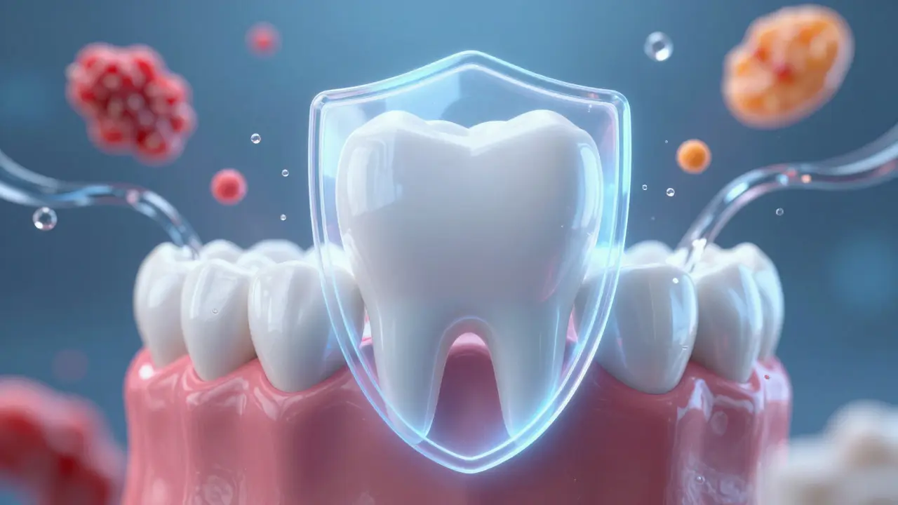 Konceptuální obrázek ochrany zubů fluoridem proti kyselostem ze stravy