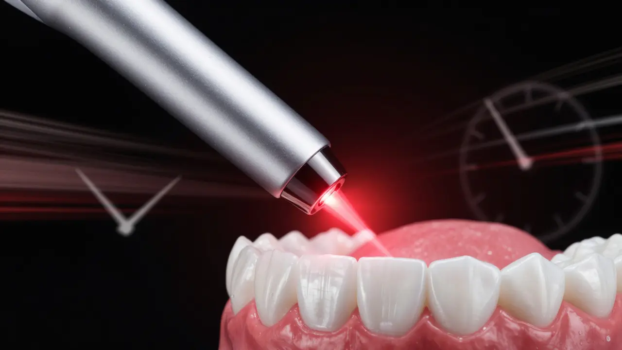 Laserové zařízení cílené na zuby, symbolizující rychlé bělení