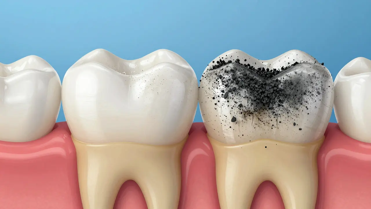 Makro záběr: abrazivní částice odírají zubní sklovinu a odhalují dentin