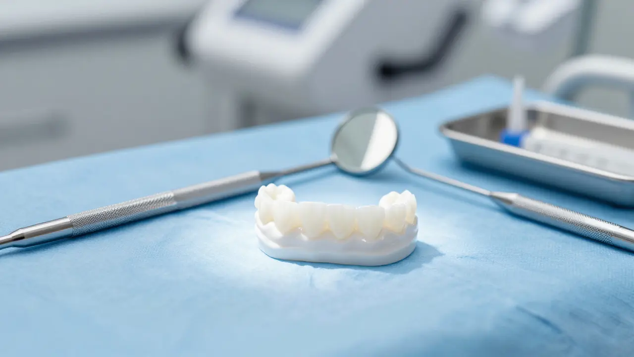 Porcelánová zubní vénéra na sterilním modrém prostěradle