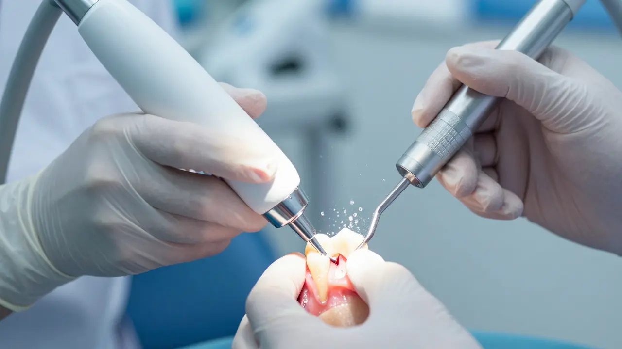 Zubní lékař provádí kyretáž pomocí ultrazvuku a ručních nástrojů