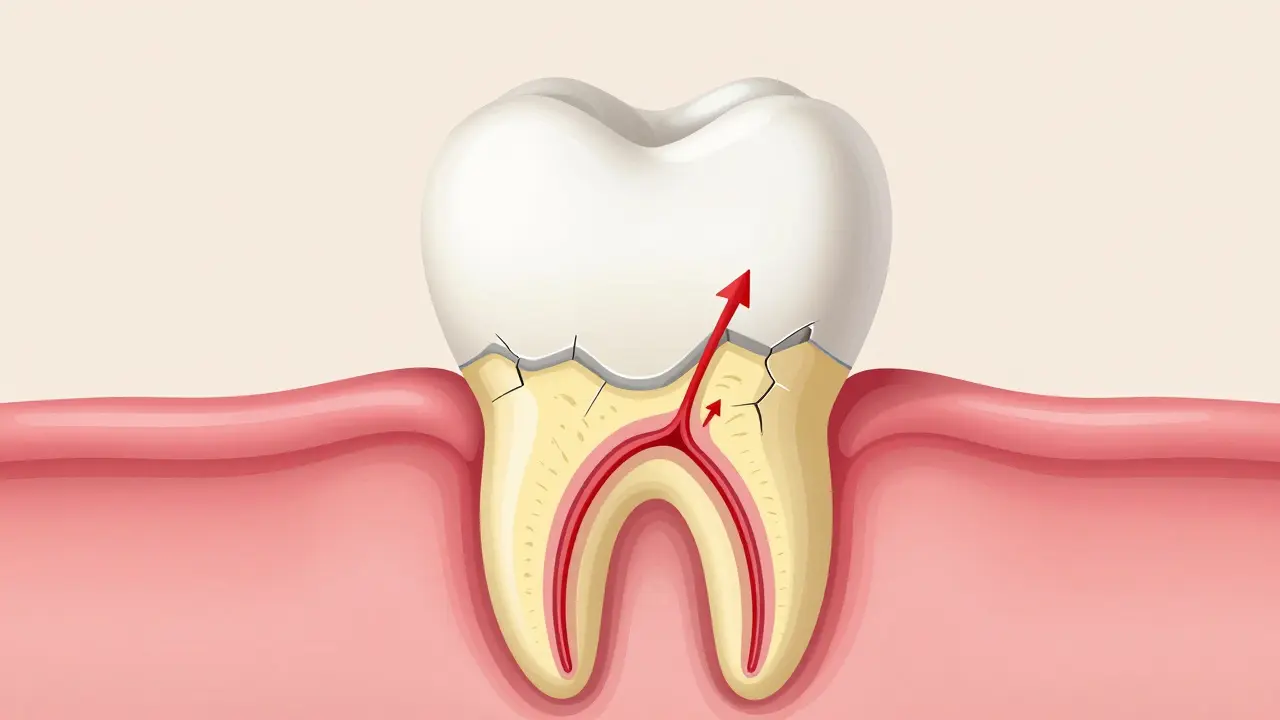 Anatomický průřez zubem ukazující erodovaný email a odhalený dentin