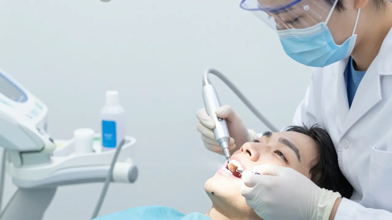 Dentální hygienistka čistí zuby ultrazvukovým skalpelem