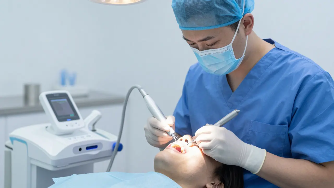 Dentista aplikuje zubní vložku v klinice