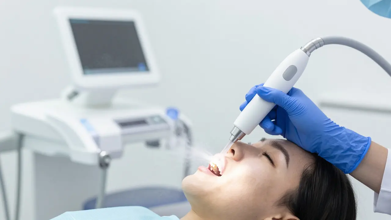 Hygienista provádí jemné čištění zubů přístrojem Air-Flow
