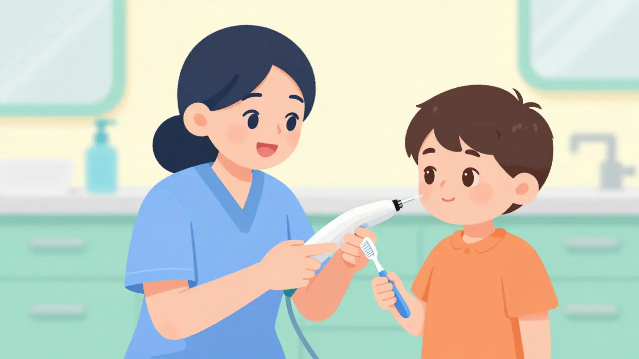 Hygienista uklidňuje dítě před čištěním zubů