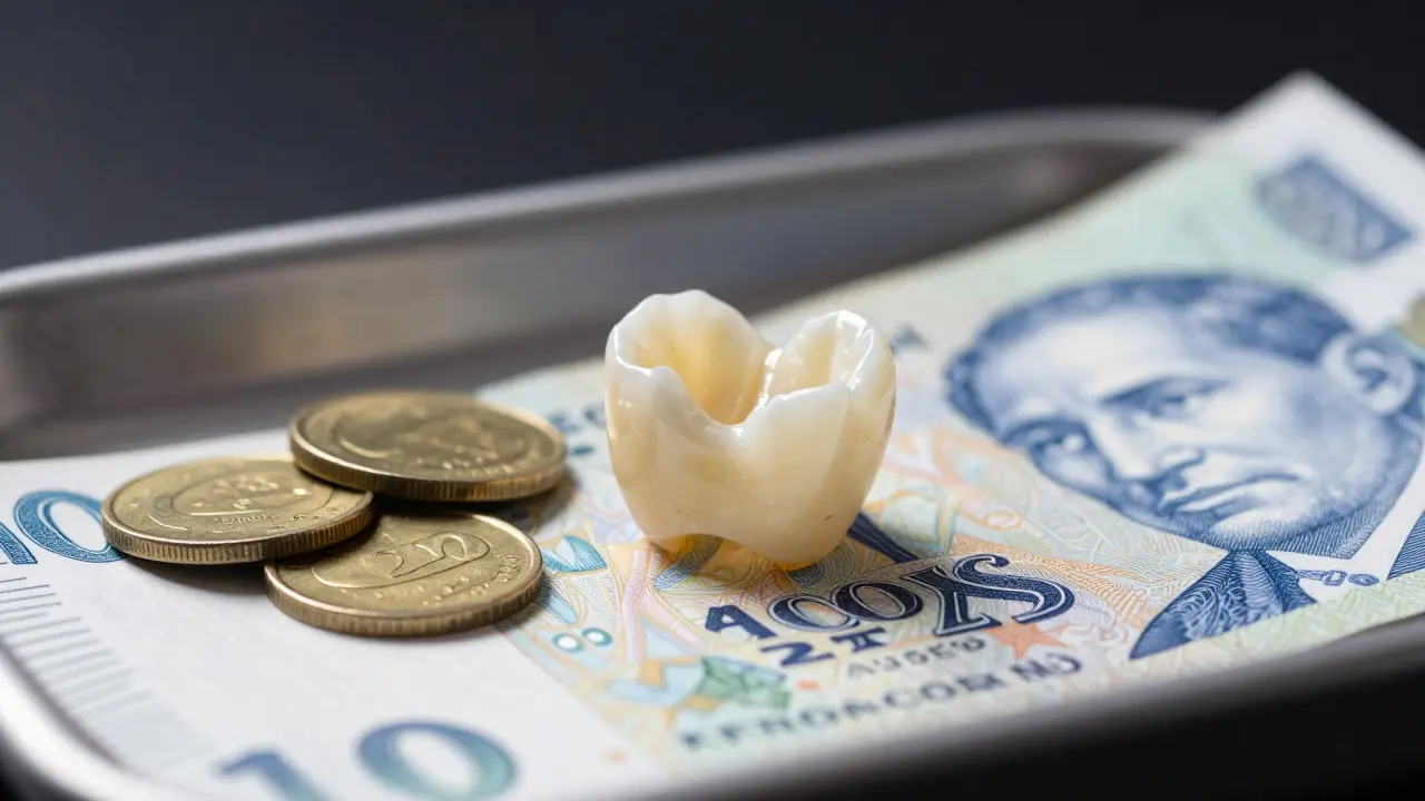 Porcelánová korunka vedle mincí jako symbol ceny