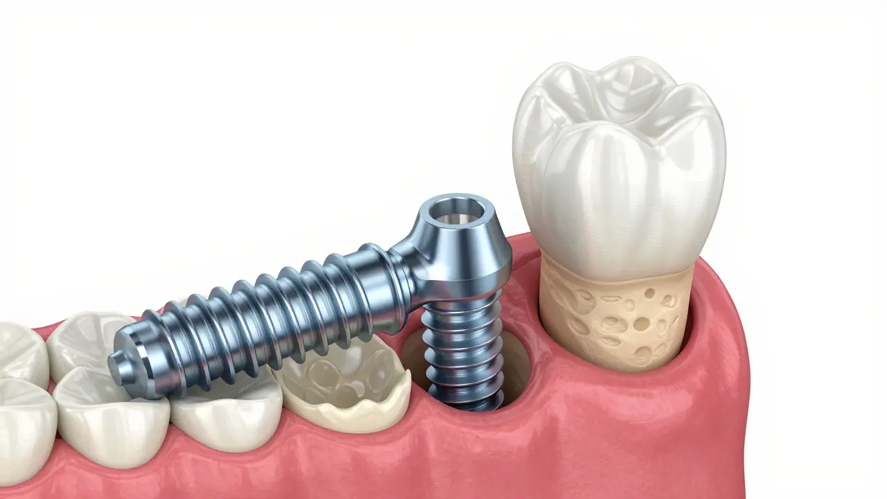 Schéma zubního implantátu s korunkou