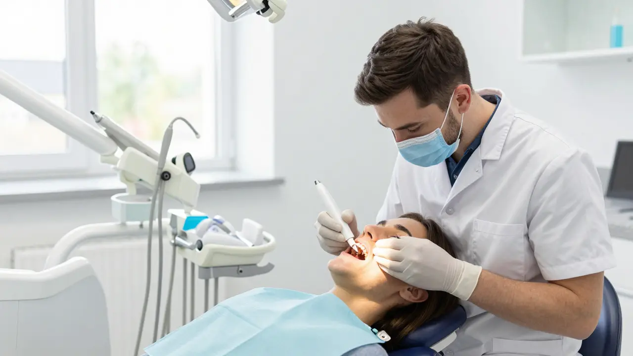 Stomatolog zkoumá zuby pacienta digitálním skenerem