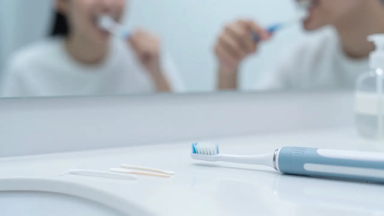 Detailní záběr na elektrickou zubní kartáček a mezizubní kartáčky jako nástroje pro prevenci onemocnění dásní.