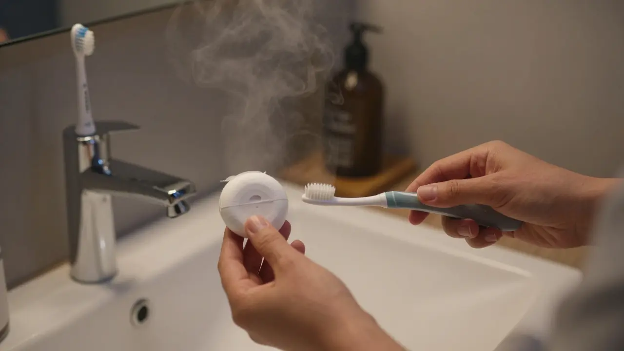 Nástroje pro ústní hygienu na nočním umyvadle