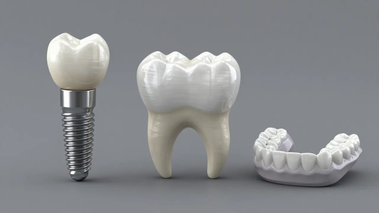 Porovnání náhrad zubu: implantát, most a protéza