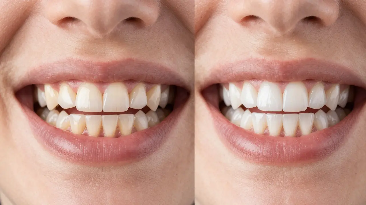Porovnání přírodních zubů s dokonalými bílými porcelánovými facetami