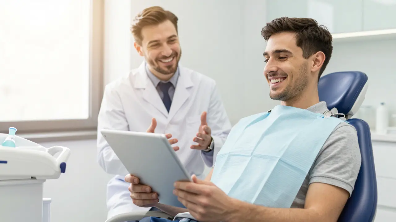 Spokojený pacient usmívající se po konzultaci s dentistou