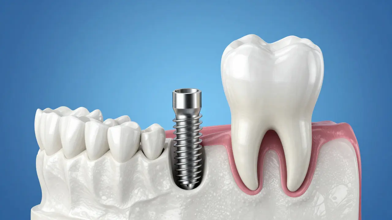 Titanový zubní implantát integrovaný v čelistní kosti pro stabilitu