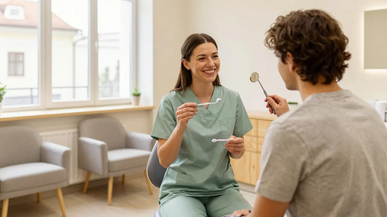Zubní hygienistka ukazuje pacientovi správnou techniku kartáčování
