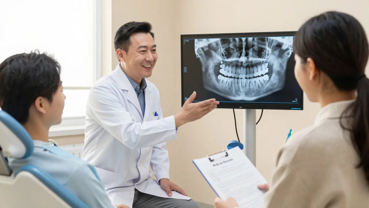 Zubní lékař vysvětluje pacientovi rentgenový snímek implantátu