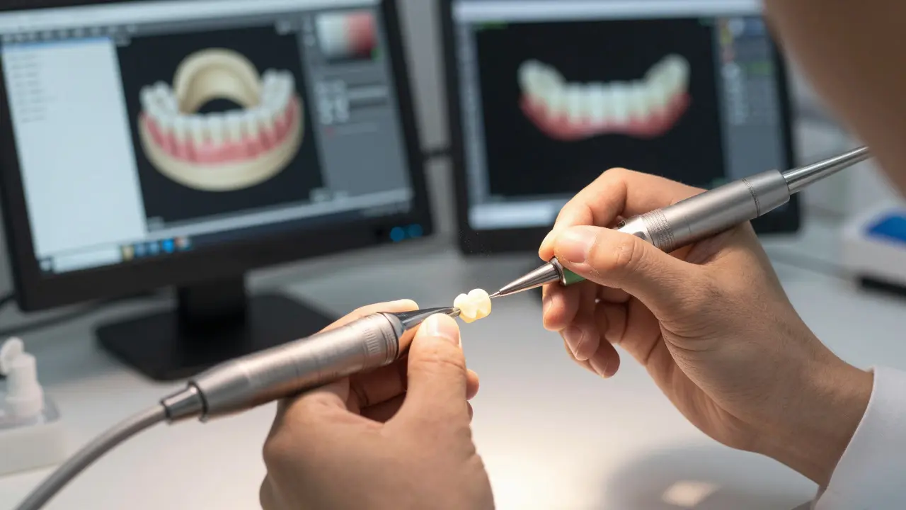 Zubní technik leští keramickou fazetu v laboratoři s digitálním pozadím