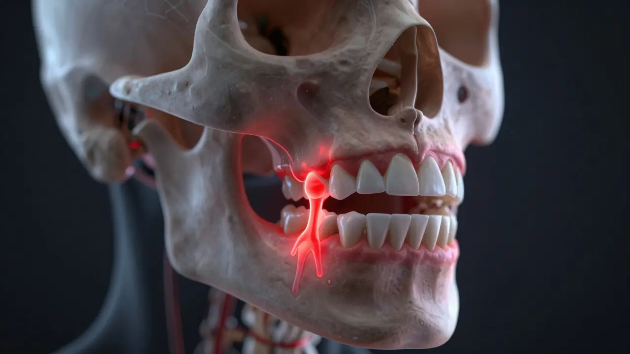 Anatomické znázornění tlaku na čelistní kloub při skřípání