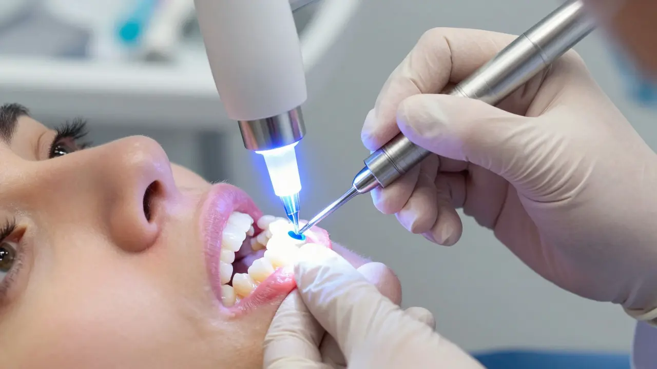 Dentista aplikuje kompozitní pryskyřici na zub