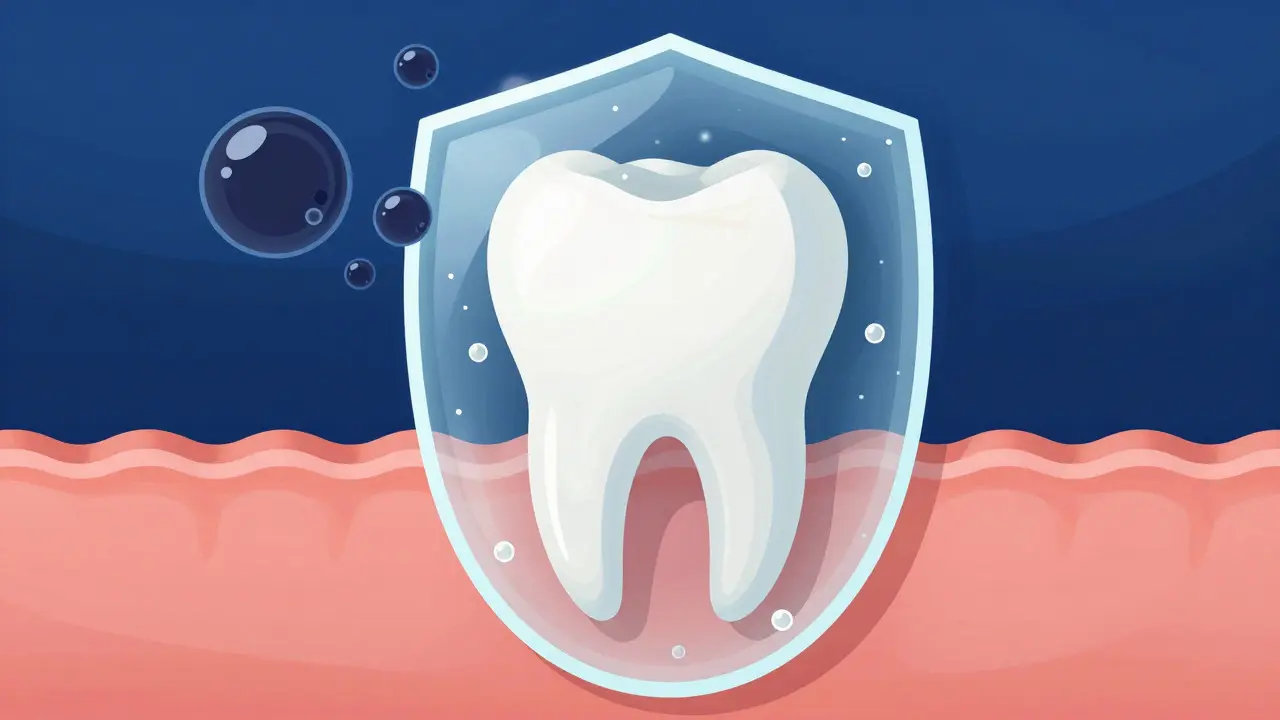 Ilustrace ochrany zubu před kyselinami díky fluoridu a slinám