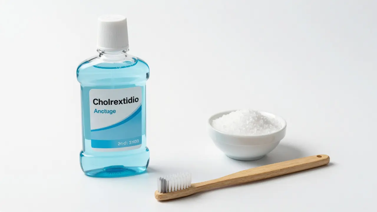 Láhev s chlorhexidinem a sůl na čistém povrchu