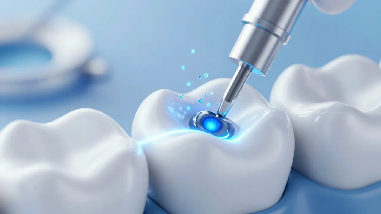 Skloionomerní plomba uvolňující fluoridové částice