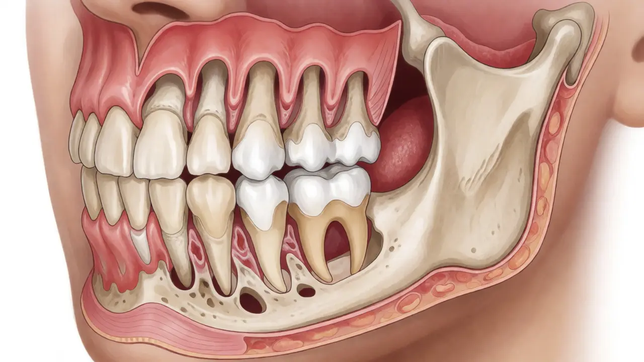 Anatomický řez čelistí při extrakci retinovaného zubu moudrosti