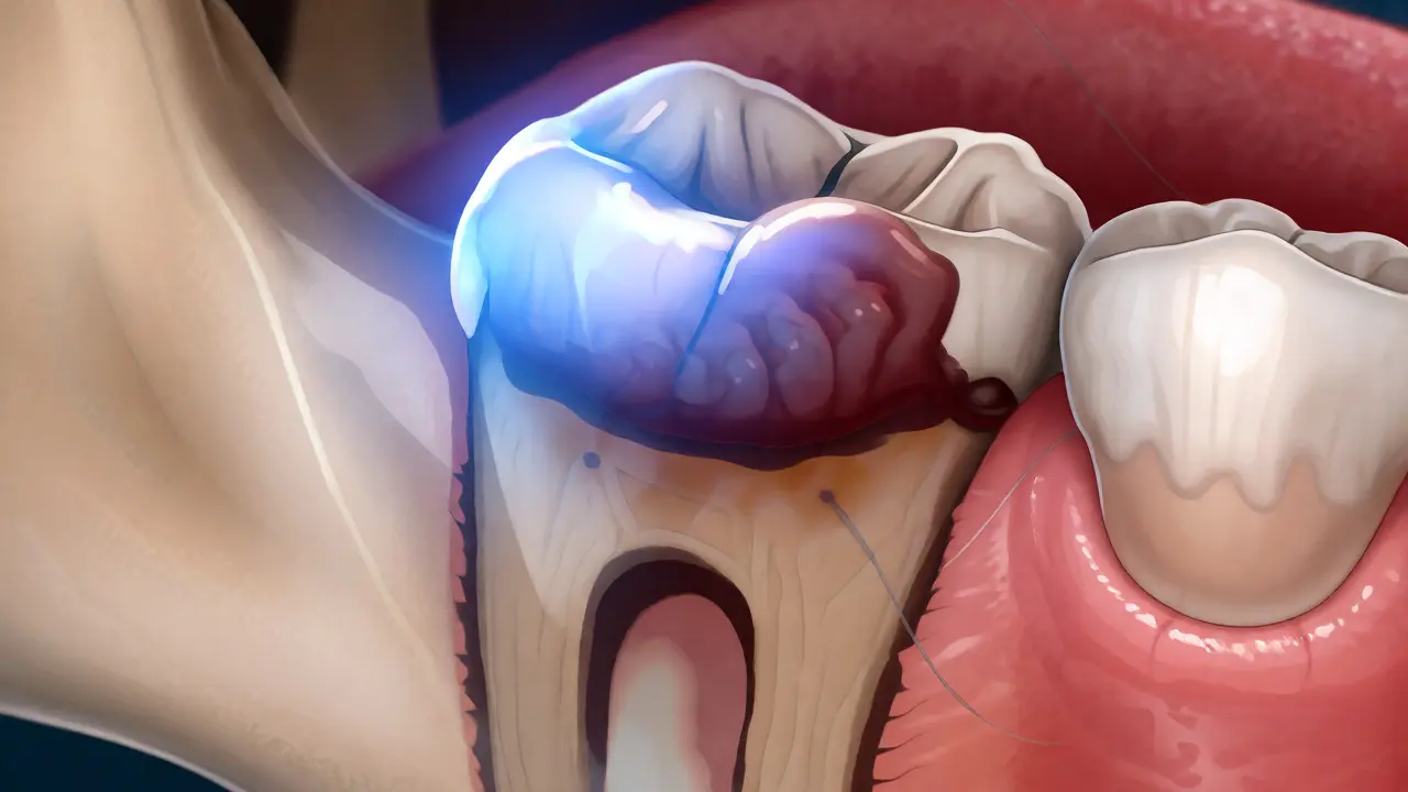 Anatomický řez čelistí zobrazující hojení alveolu a krevní sraženinu.
