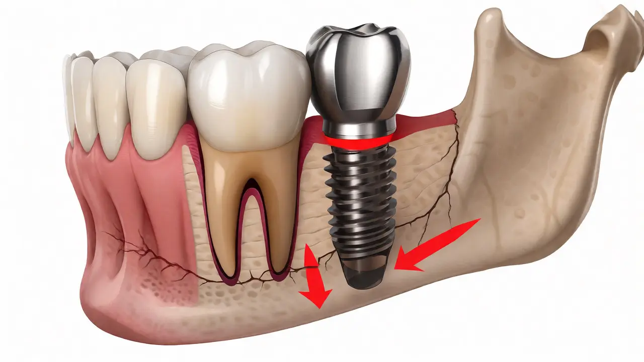 Anatomický řez porovnávající přirozený zub s implantátem a tlakem na kost