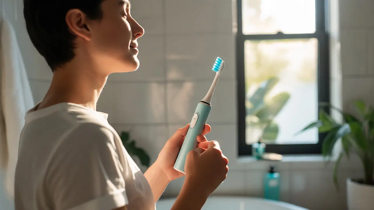 Člověk používající elektrický kartáček v koupelně při ranní hygieně.