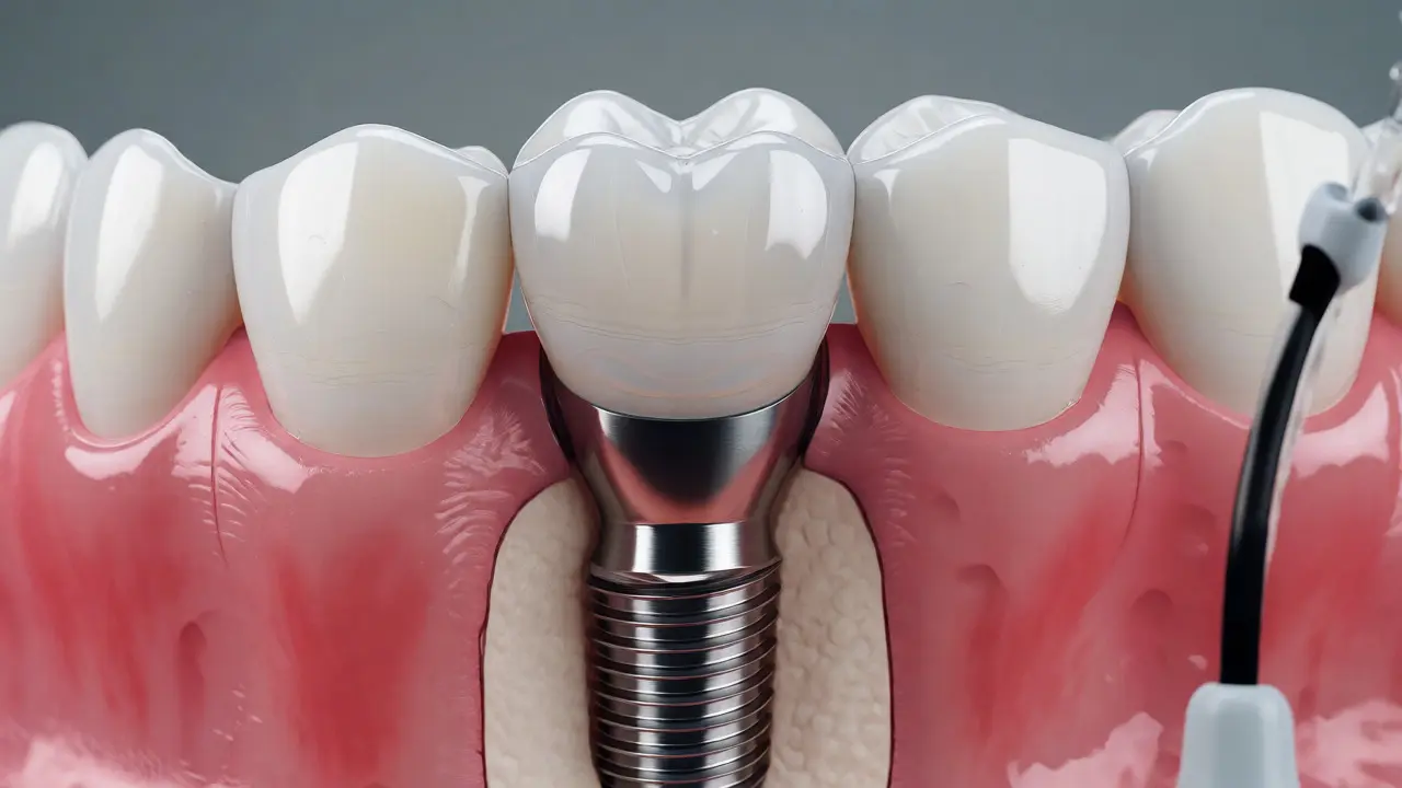 Detail titanového zubního implantátu s keramickou korunou