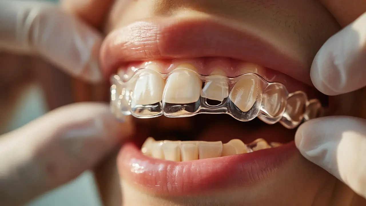 Detail úsměvu s nasazenými průhlednými Invisalign rovnátkami na křivých zubech