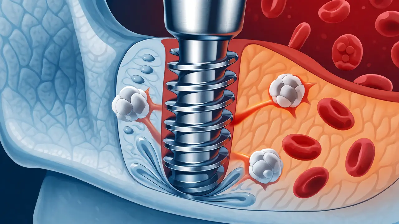Ilustrace hojení kosti kolem titánového zubního implantátu