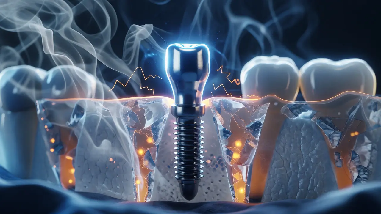 Konceptuální vizualizace stabilního titanového implantátu v kosti se znaky rizikových faktorů