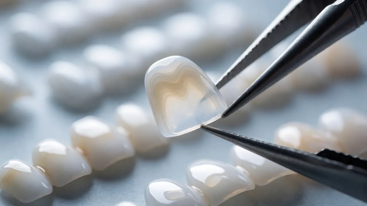 Makro snímek tenké keramické facety držené pinzetou v zubní laboratoři.